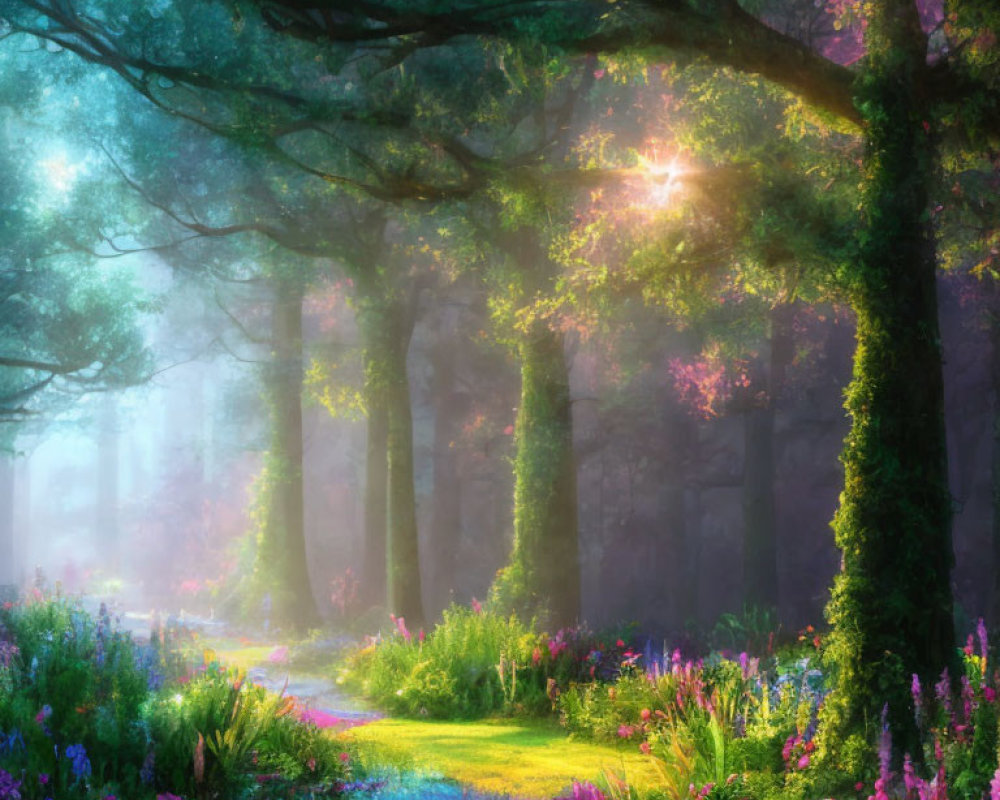 Tranquil Forest Path with Sunlight, Flowers, and Mist