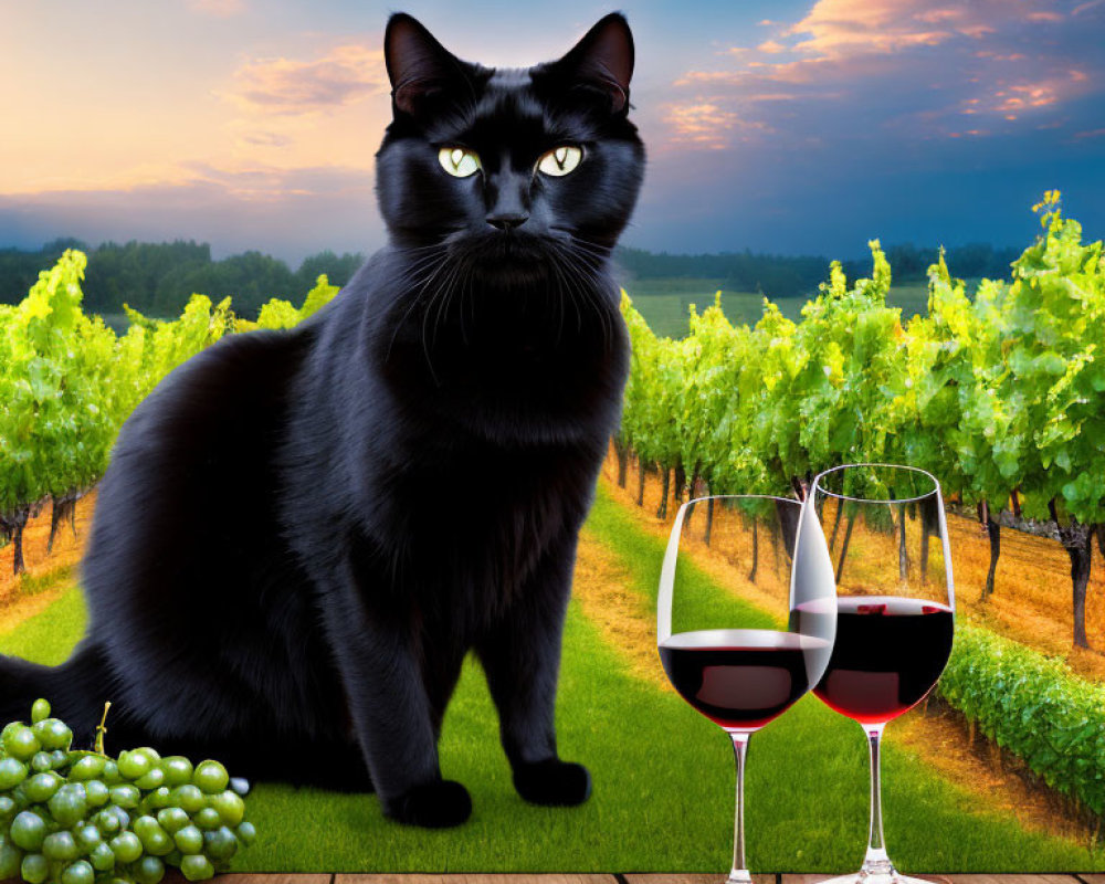 Black Cat with Yellow Eyes in Vineyard Sunset Scene with Wine Glasses and Grapes