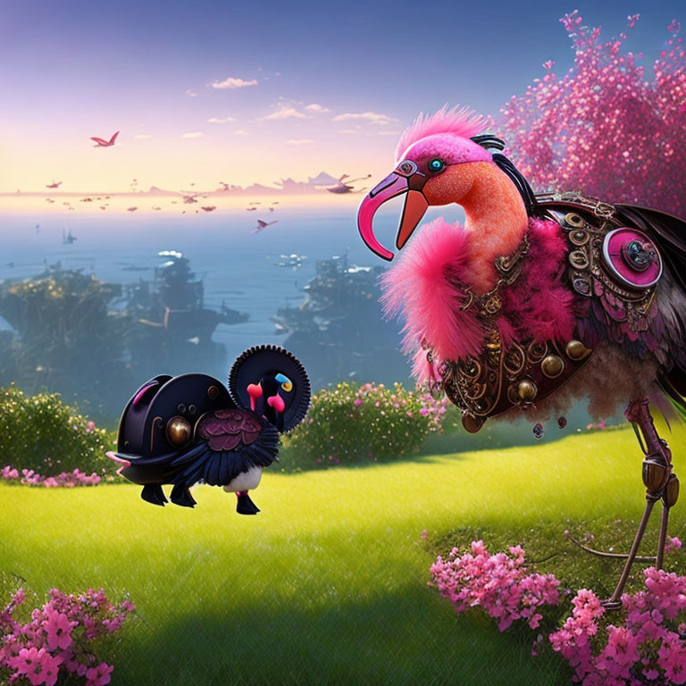 Colorful illustration of two stylized birds with pink feathers and mechanical elements in a whimsical setting.