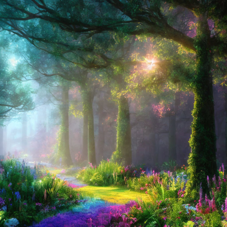 Tranquil Forest Path with Sunlight, Flowers, and Mist