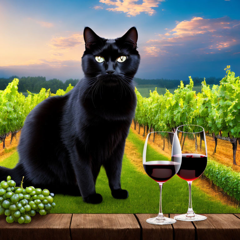 Black Cat with Yellow Eyes in Vineyard Sunset Scene with Wine Glasses and Grapes