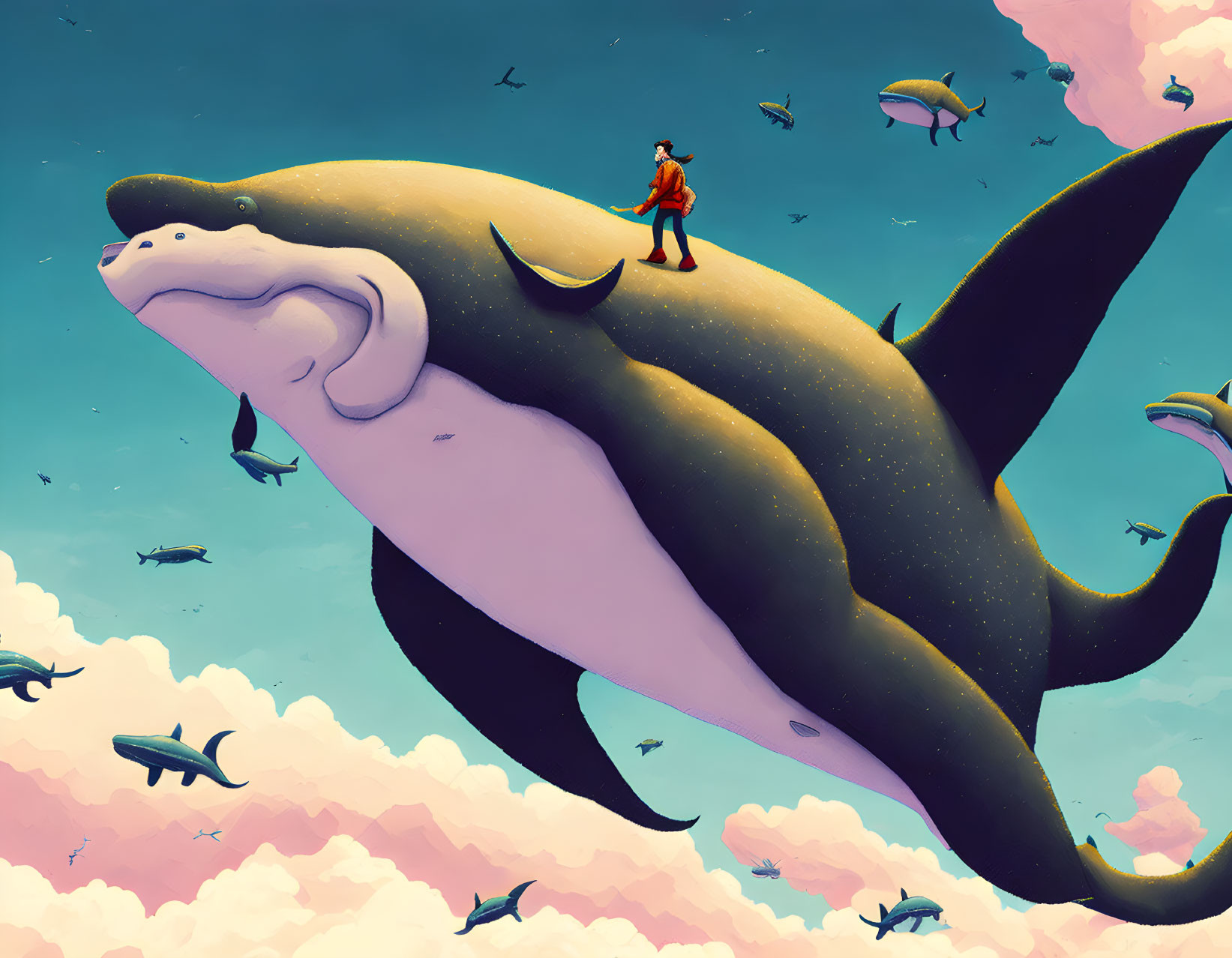 Person in Red Jacket Riding Smiling Whale in Pastel Sky