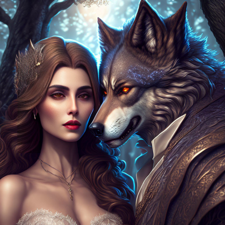Woman and wolf in fantasy theme against mystical forest background