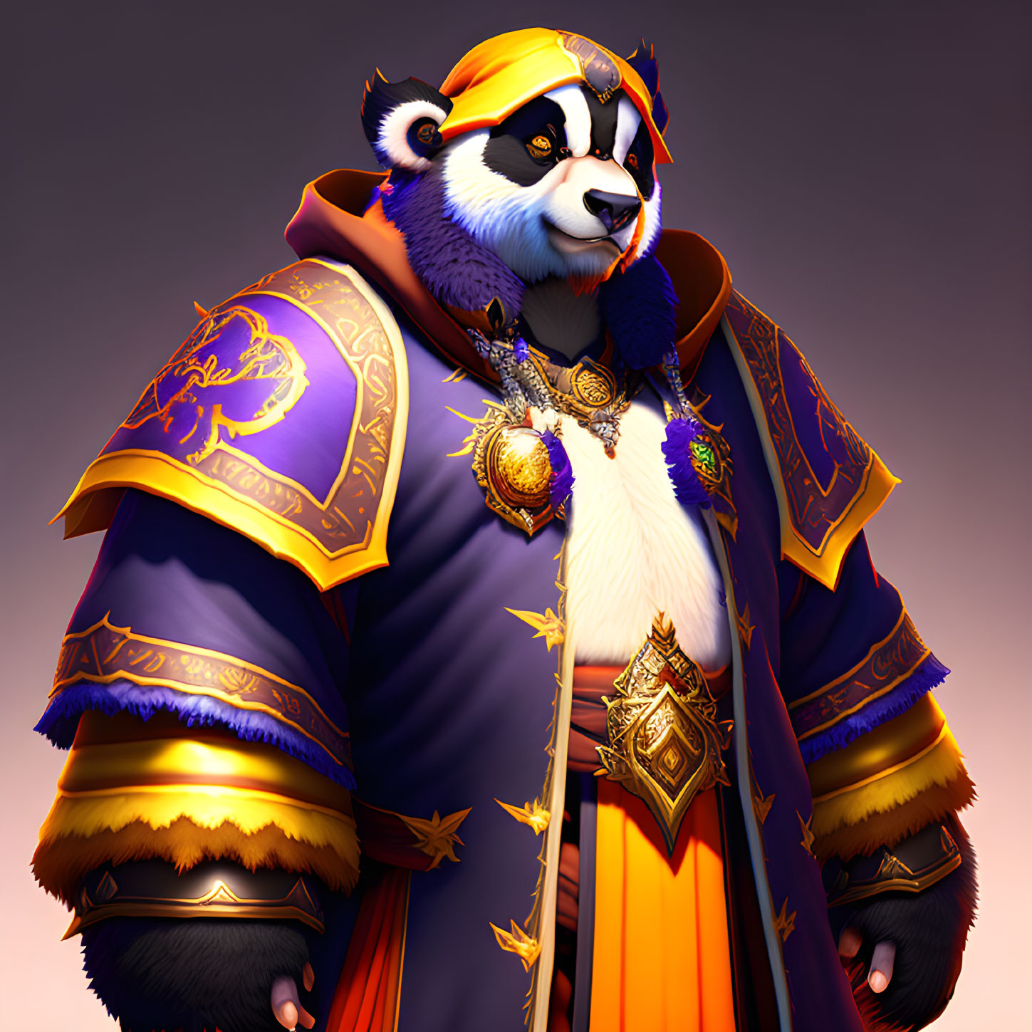 Regal anthropomorphic panda in purple and gold robes with staff on gradient background