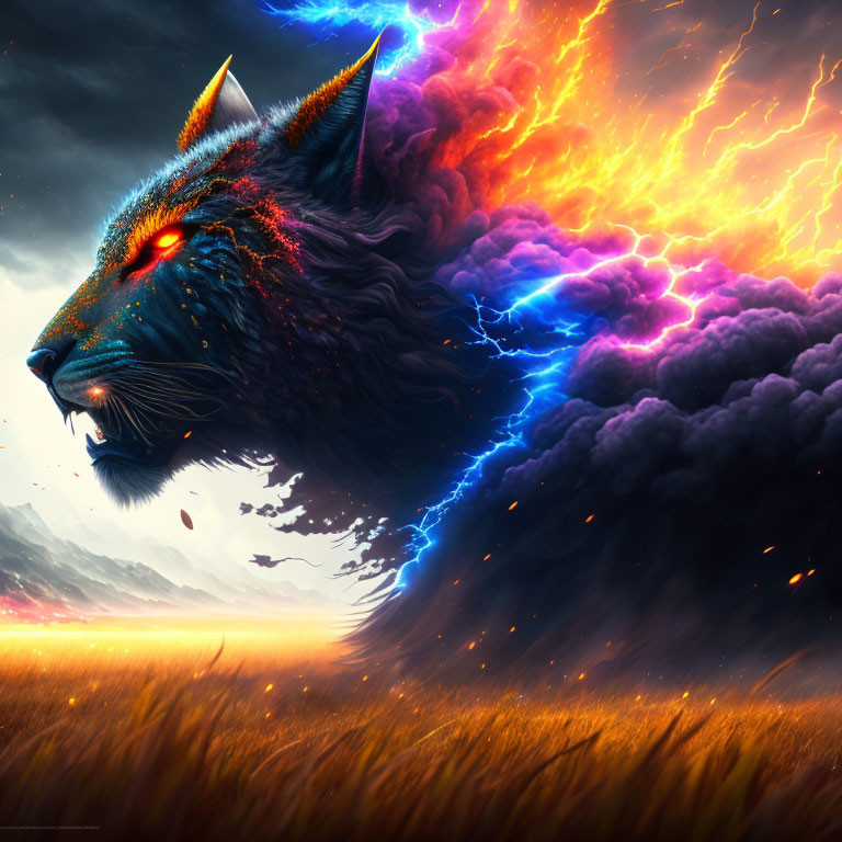 Fantasy wolf with blue and purple fur in stormy sky and golden field