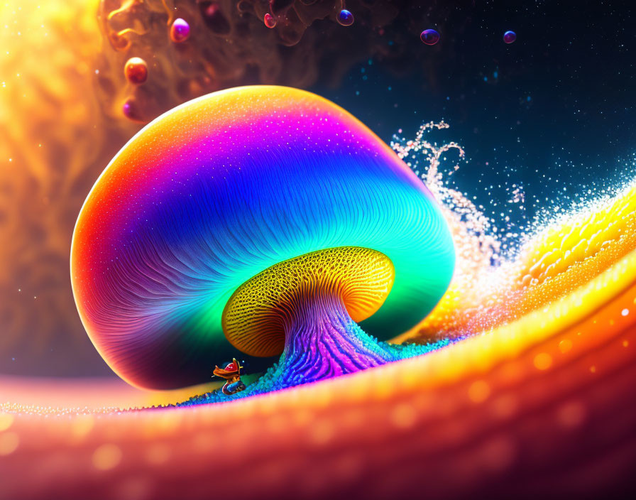Colorful digital artwork: person surfing surreal wave in cosmic setting
