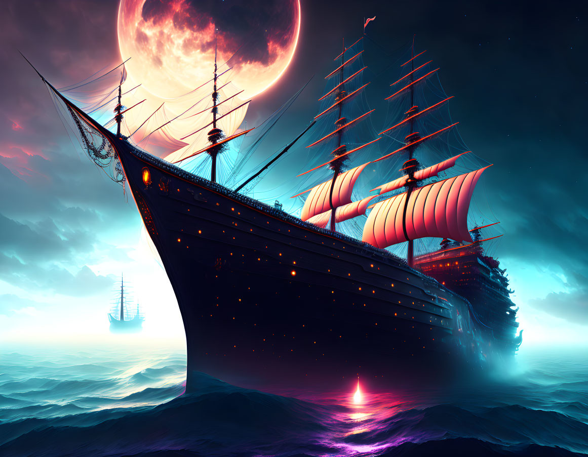 Sailing ship under moonlit sky on luminous sea