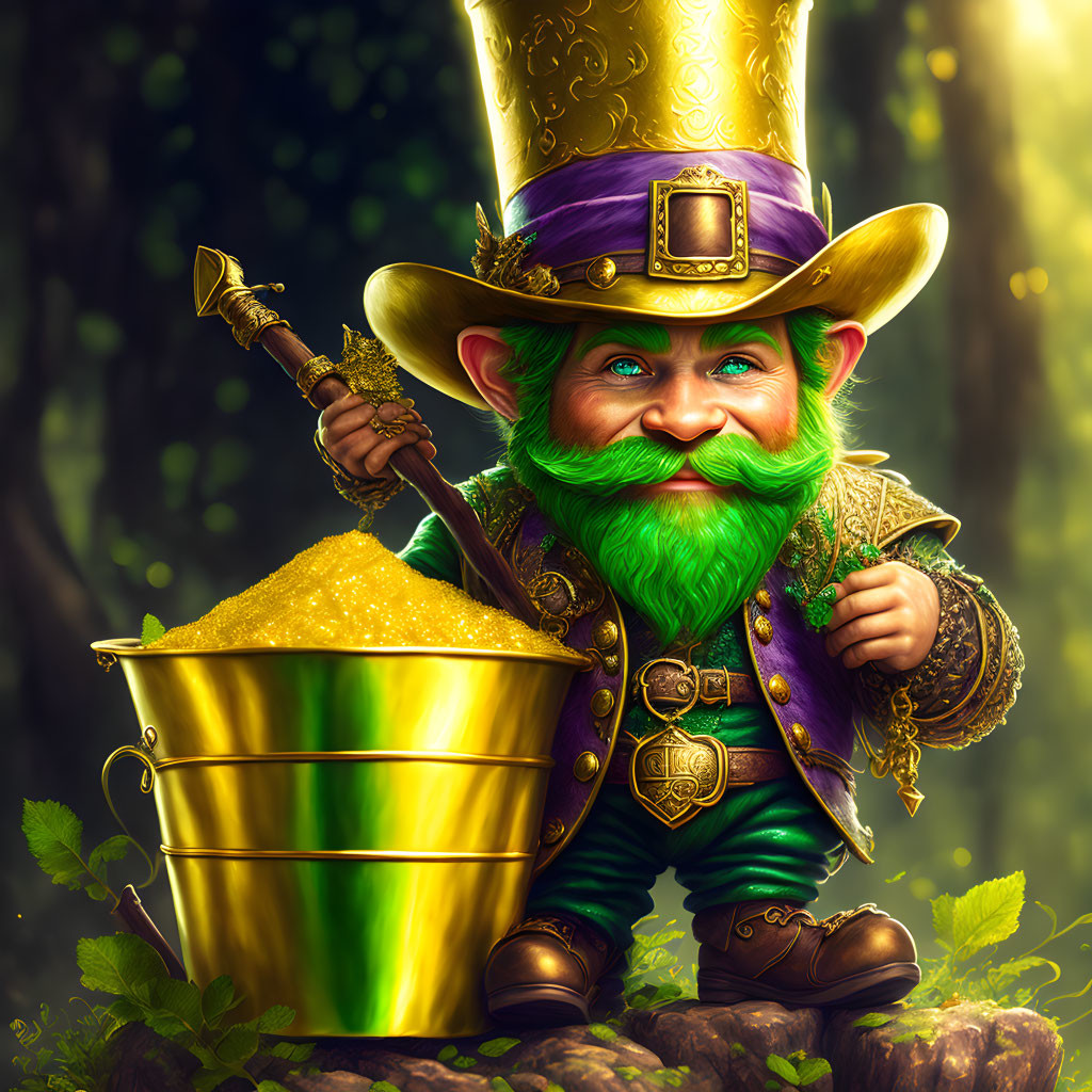 Leprechaun with cane and pot of gold in sunny forest