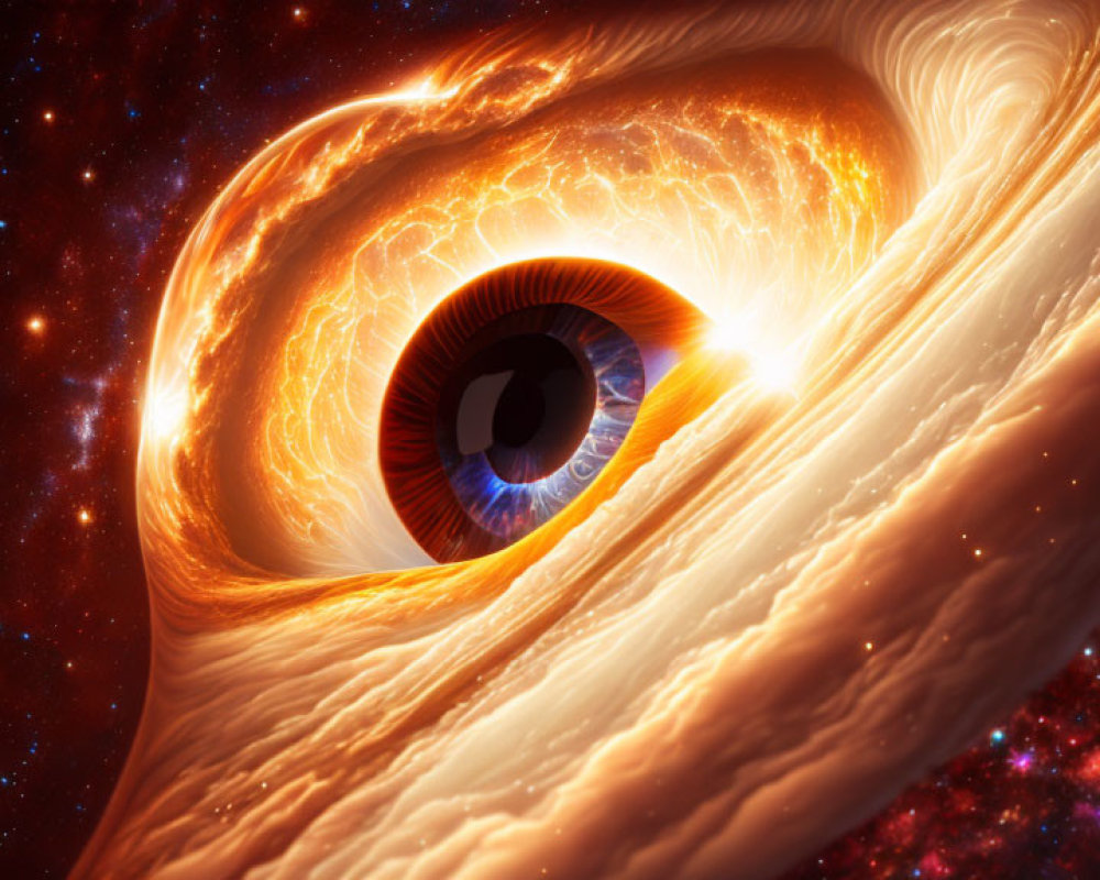 Surreal human eye in fiery cosmic clouds and starry space.