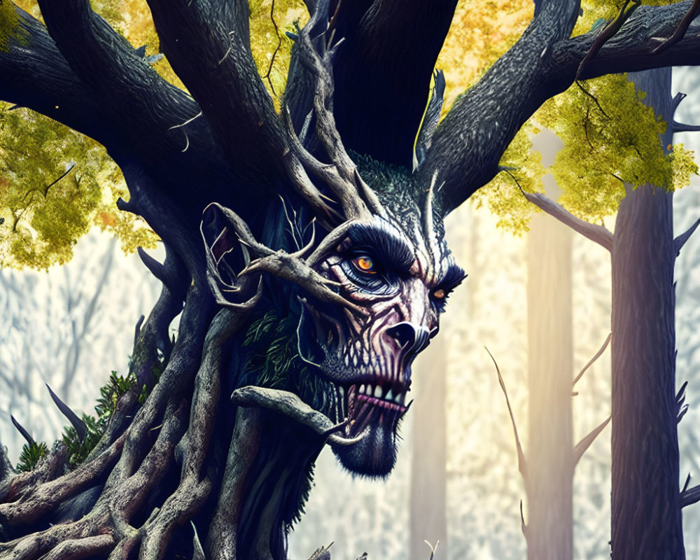 Fantastical tree with human-like face in enchanted forest