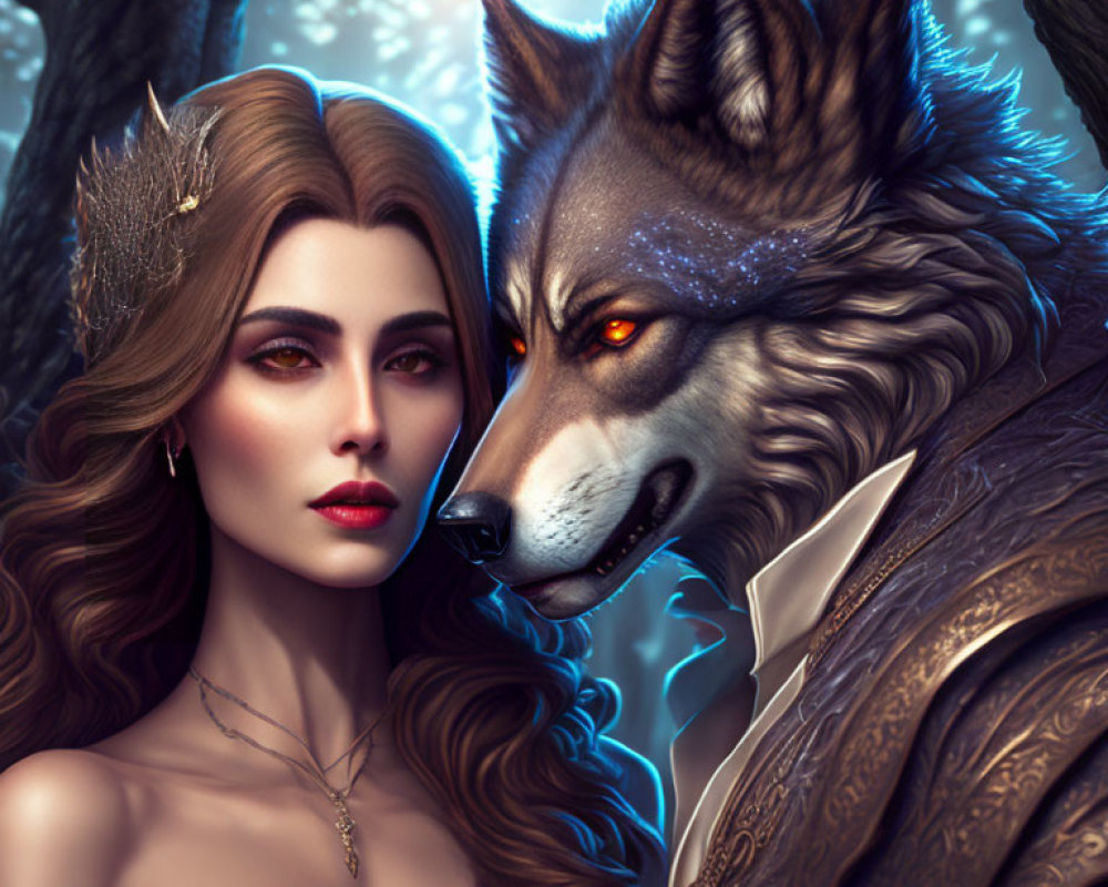 Woman and wolf in fantasy theme against mystical forest background