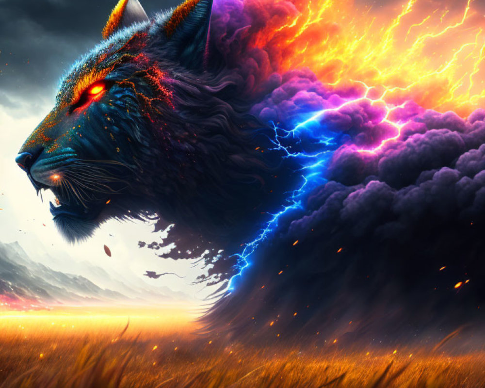 Fantasy wolf with blue and purple fur in stormy sky and golden field