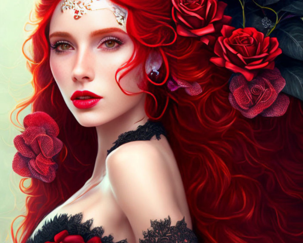 Digital artwork featuring woman with vibrant red hair, dark roses, lace details, and gold forehead embellishment