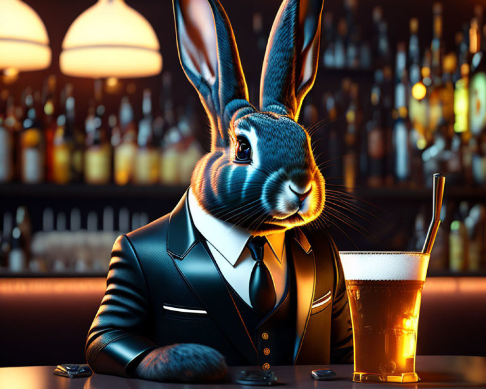 Anthropomorphic rabbit in a suit enjoying a pint at a cozy bar