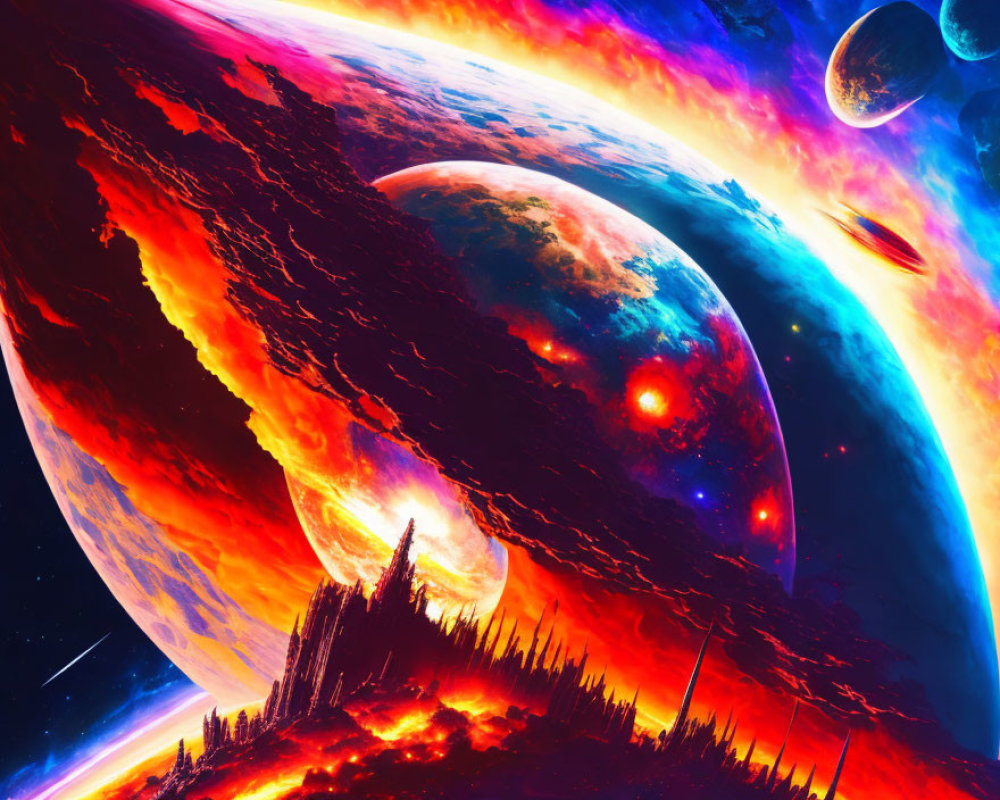 Colorful cosmic scene with fiery nebula, planets, and crystalline structures