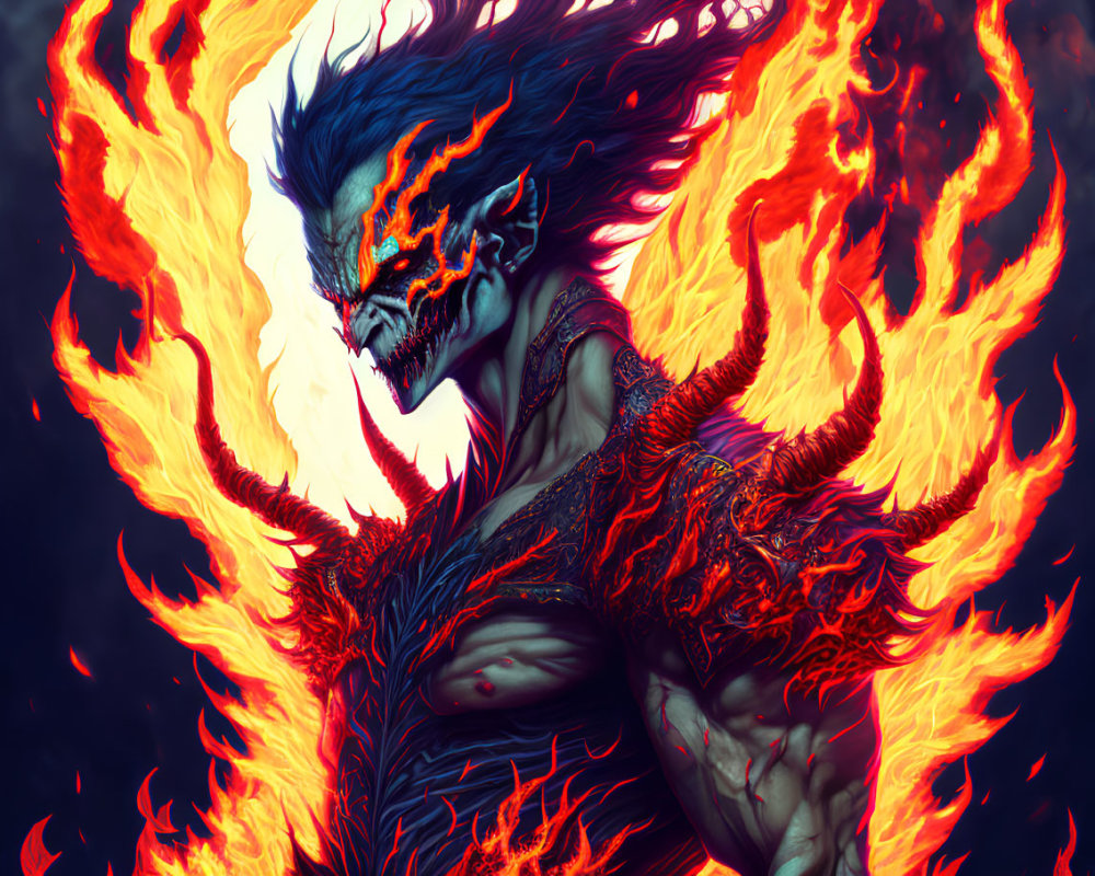 Blue-skinned humanoid with fiery hair and glowing eyes.