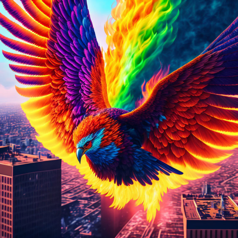 Digital Artwork: Phoenix with Fiery Wings Soaring Above Cityscape at Sunset