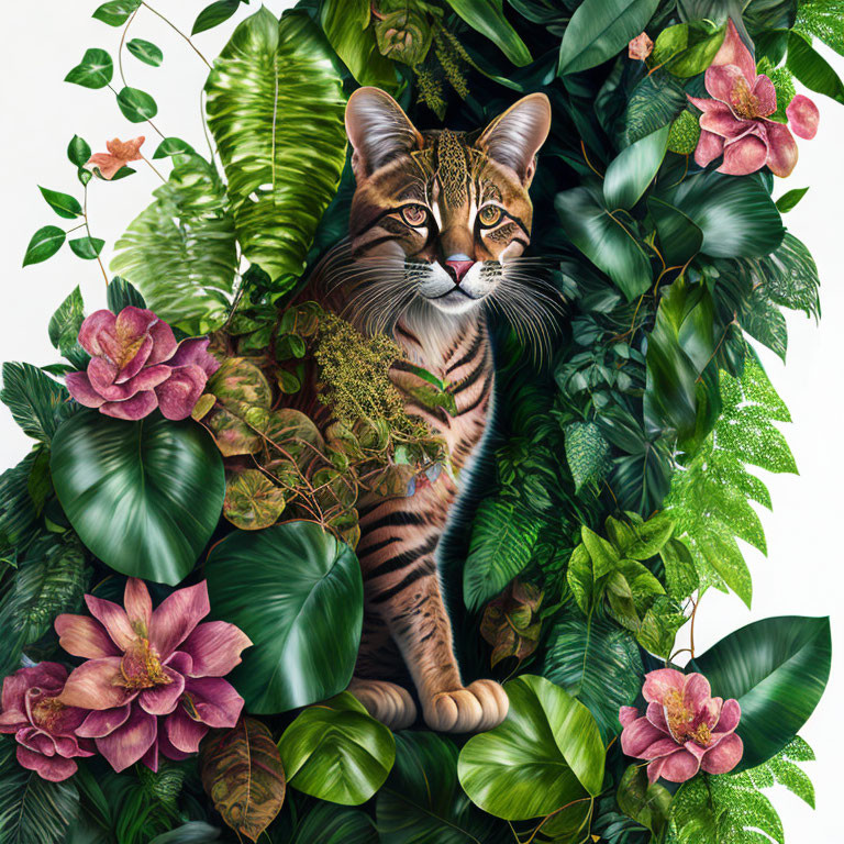 Tabby Cat Among Green Leaves and Pink Flowers Illustration