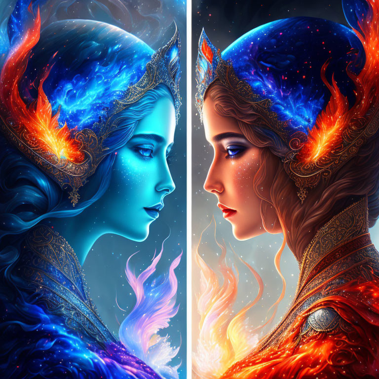 Split image of woman with cosmic and fiery themes, blue stars and red flames.