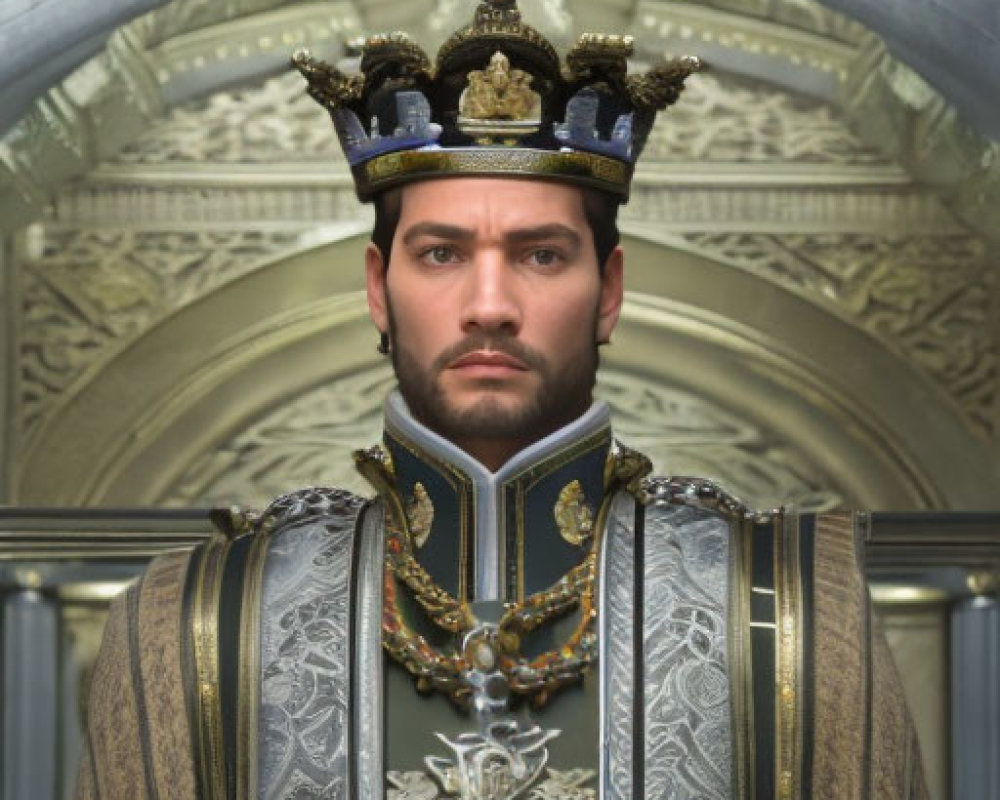 Regal man in crown and ornate robes with architectural backdrop.