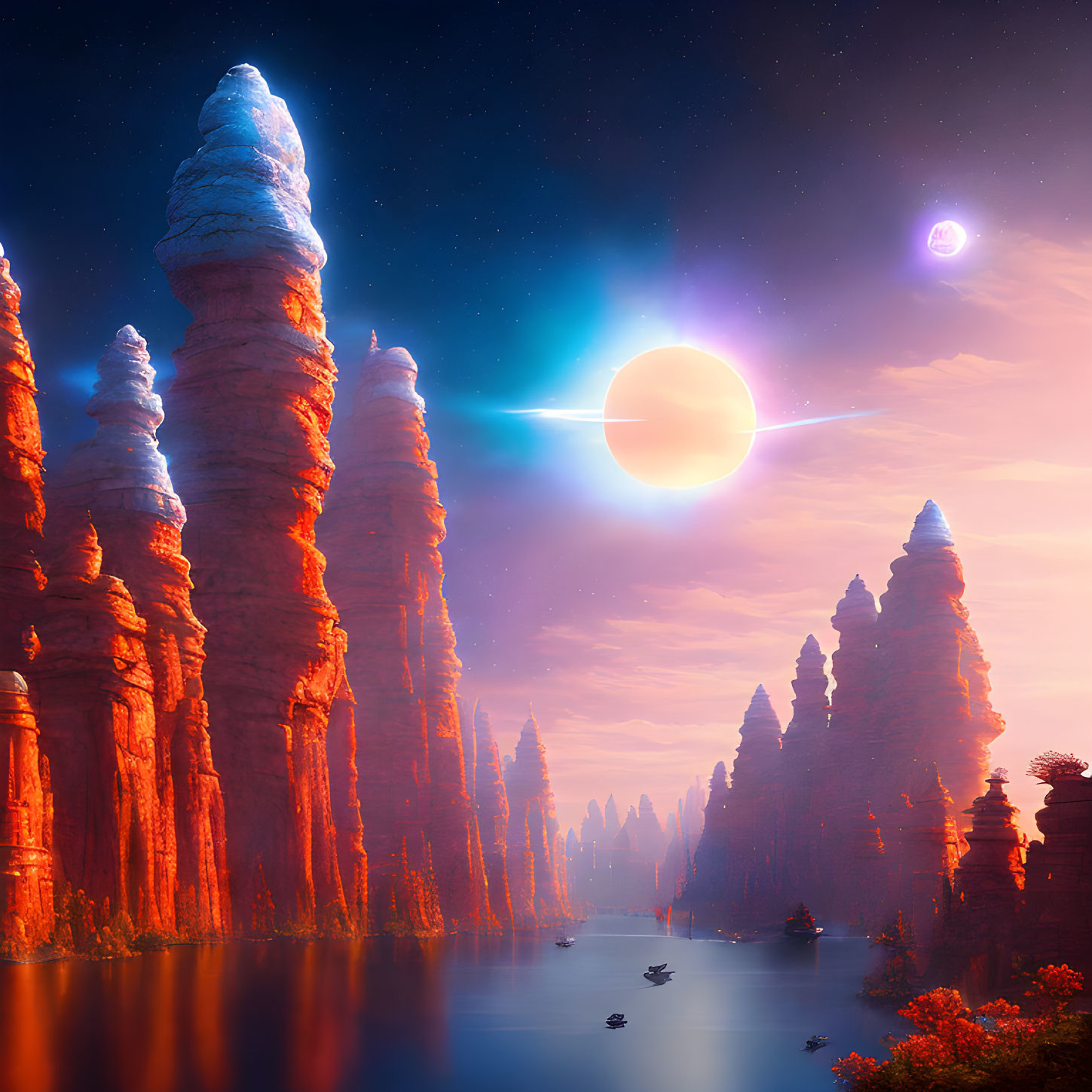Surreal landscape with tall rock formations, calm lake, and vibrant alien sky