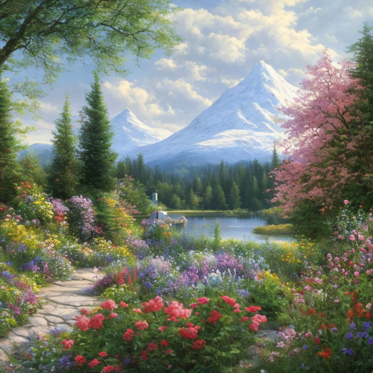 Scenic landscape with flower-lined path, lake, dock, boat, and snow-capped mountains.