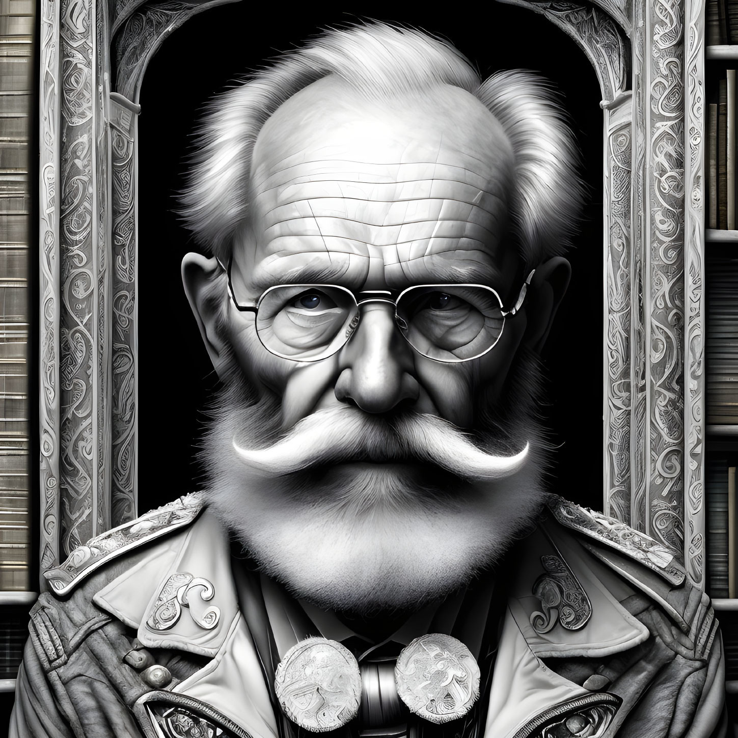 Detailed monochromatic hyper-realistic illustration of elderly man with mustache, glasses, ornate attire