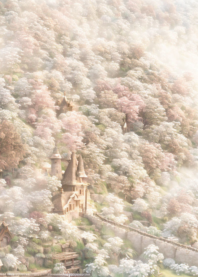 Ethereal cherry blossoms in fairytale landscape with ancient towers & quaint houses