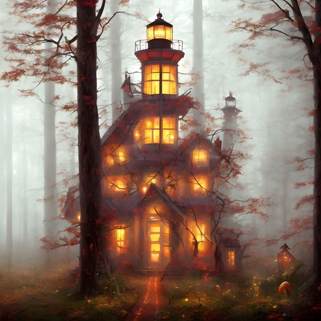 Fantasy illustration of tall lighthouse in foggy forest