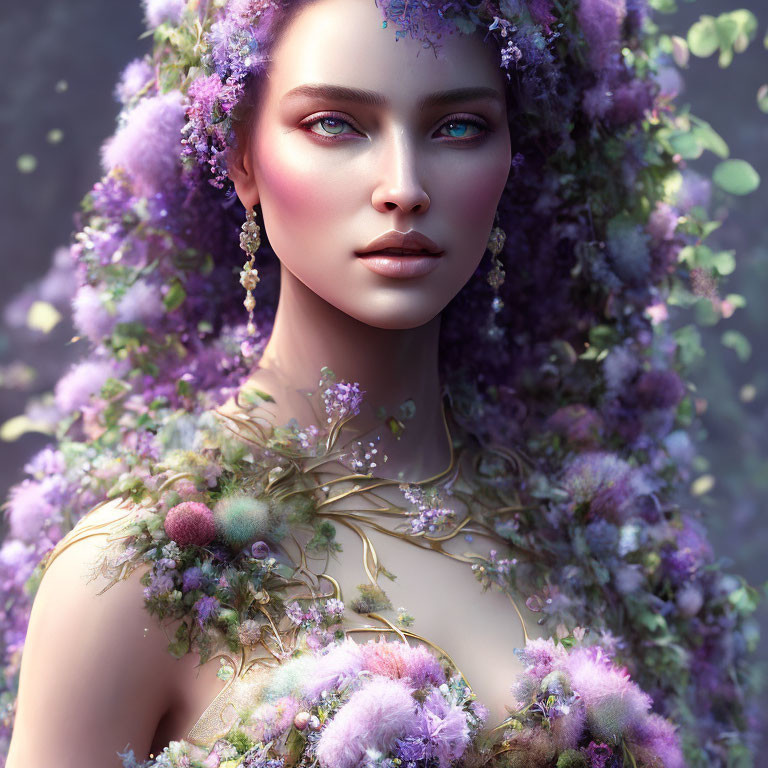 Digital portrait of woman with purple and green floral elements