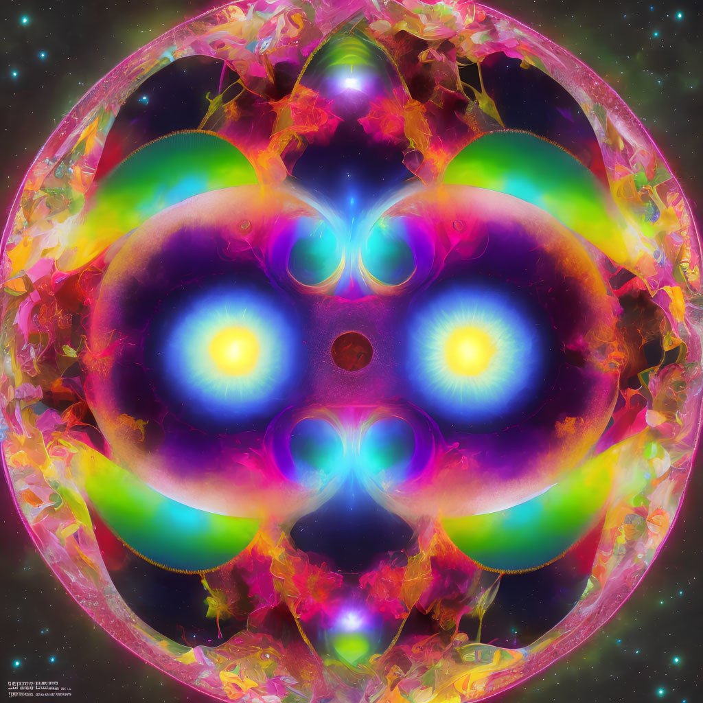 Symmetrical Digital Artwork with Glowing Orbs and Fractal Patterns