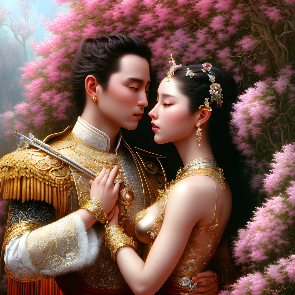Romantic digital artwork: Couple in traditional Asian attire amid pink blossoms