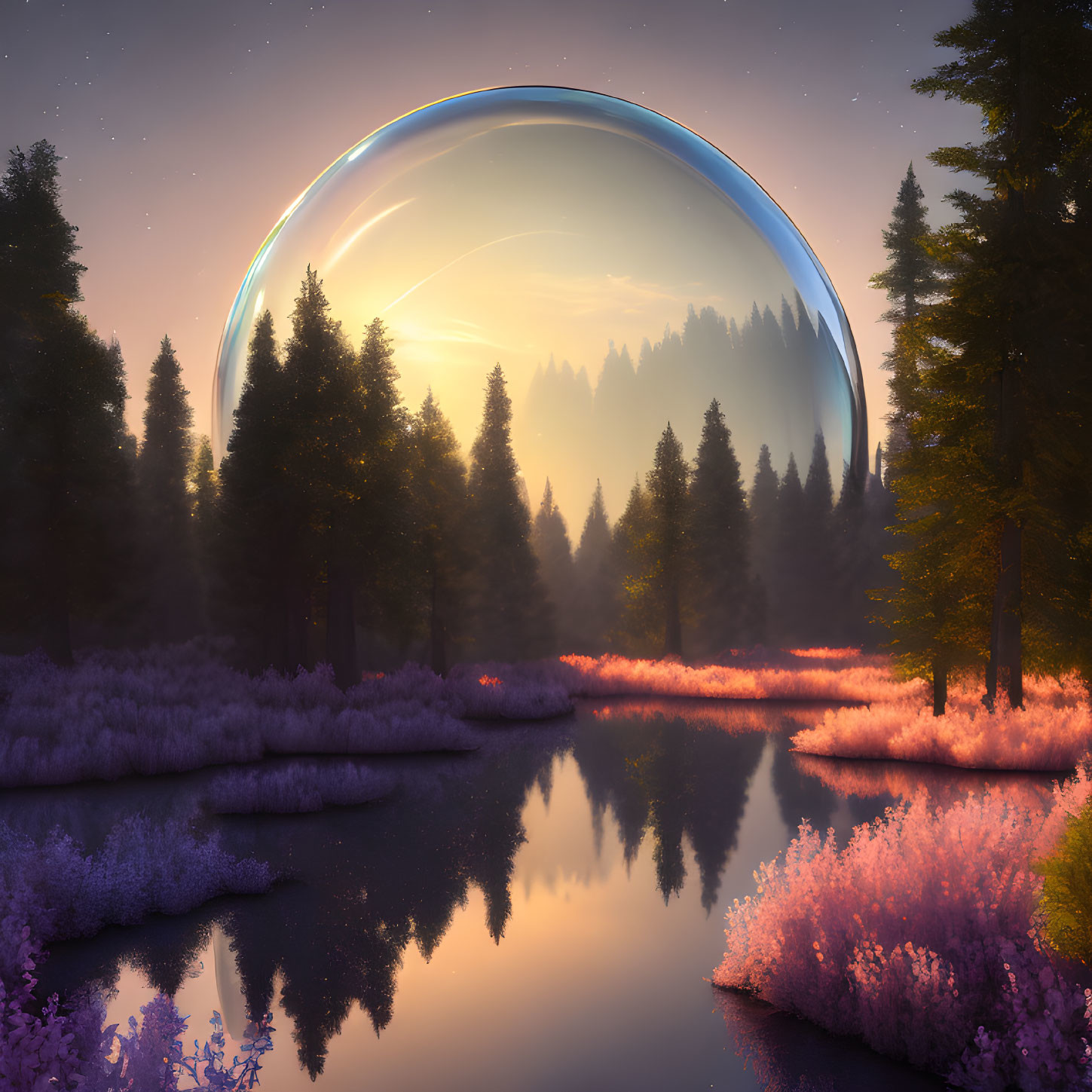 Majestic ring over purple landscape with reflective river