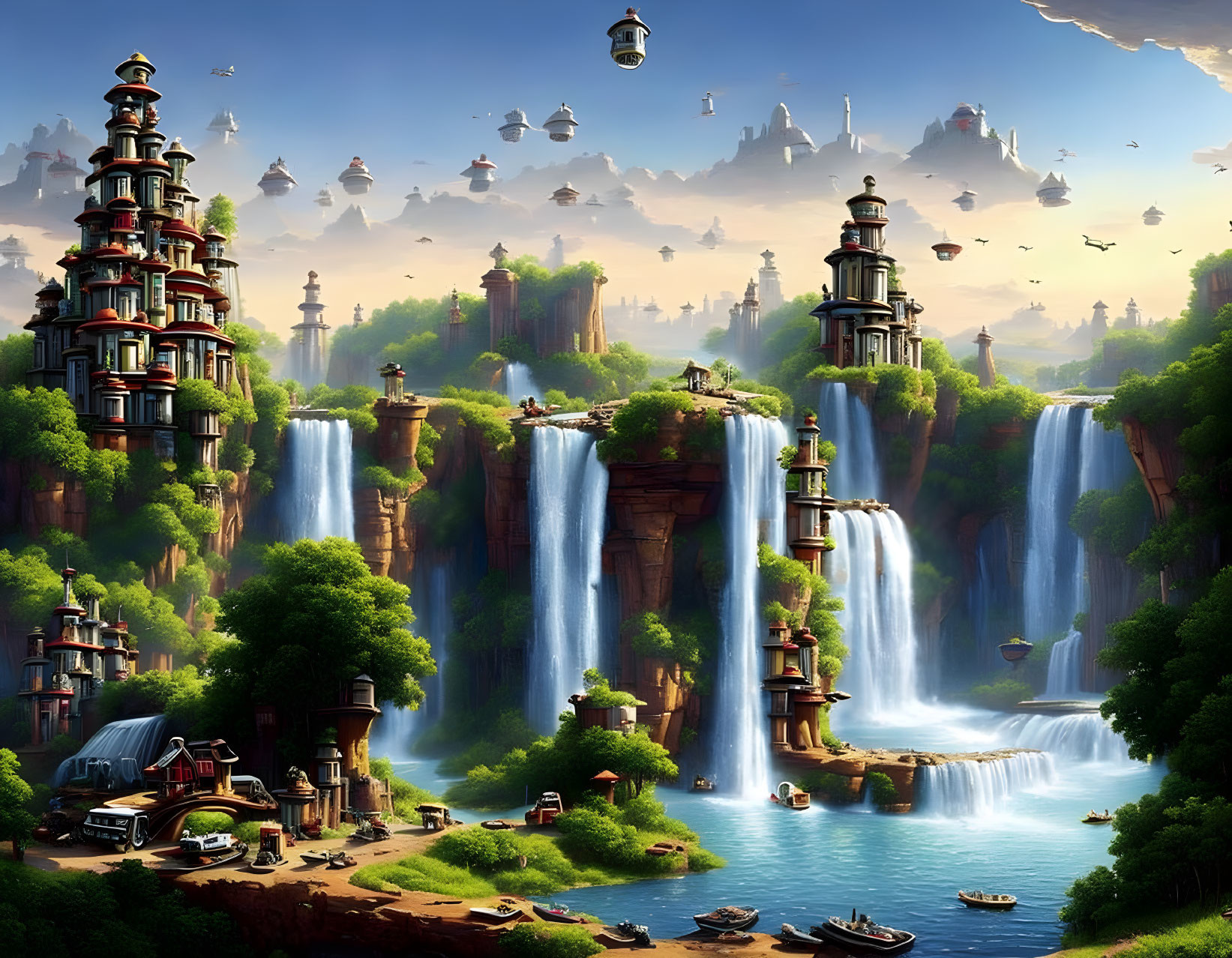 Fantastical landscape with waterfalls, pagodas, airships, greenery, and river