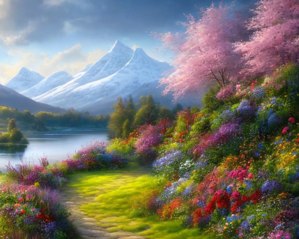 Colorful Flower-Lined Path to Serene Lake with Snow-Capped Mountains