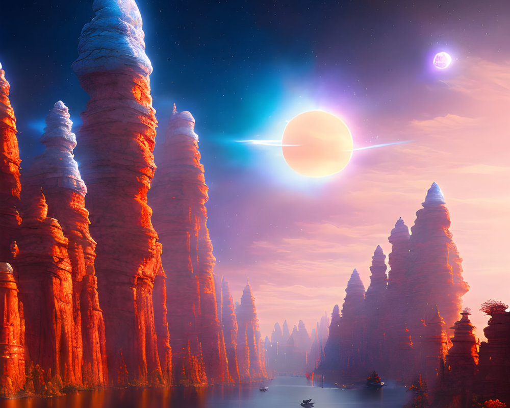 Surreal landscape with tall rock formations, calm lake, and vibrant alien sky
