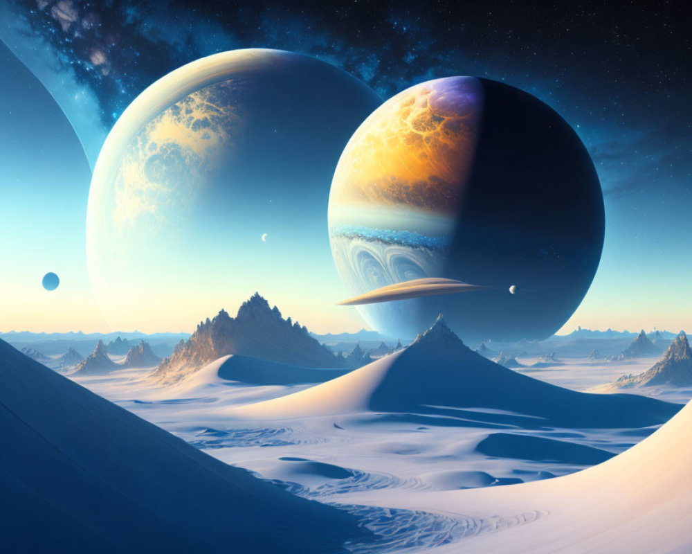 Snow-covered mountains under starry sky with colorful planets