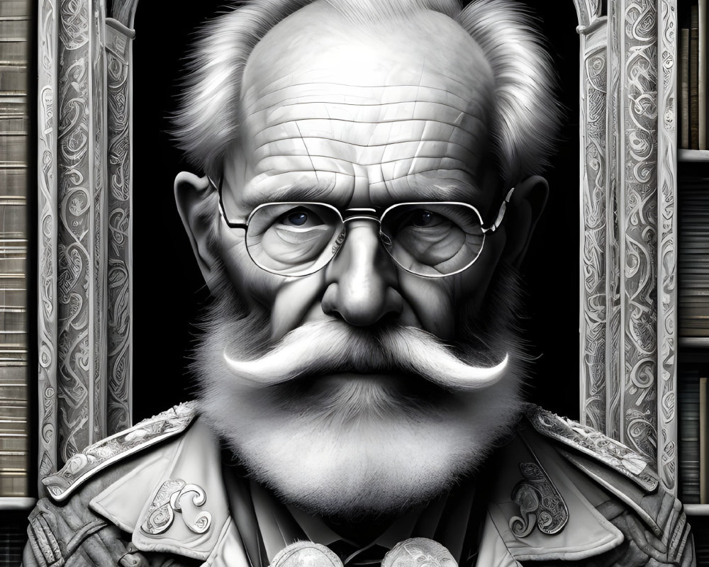 Detailed monochromatic hyper-realistic illustration of elderly man with mustache, glasses, ornate attire