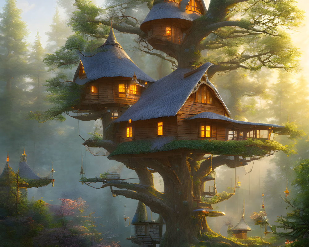 Multi-layered treehouse in luminous forest setting with hanging lanterns.