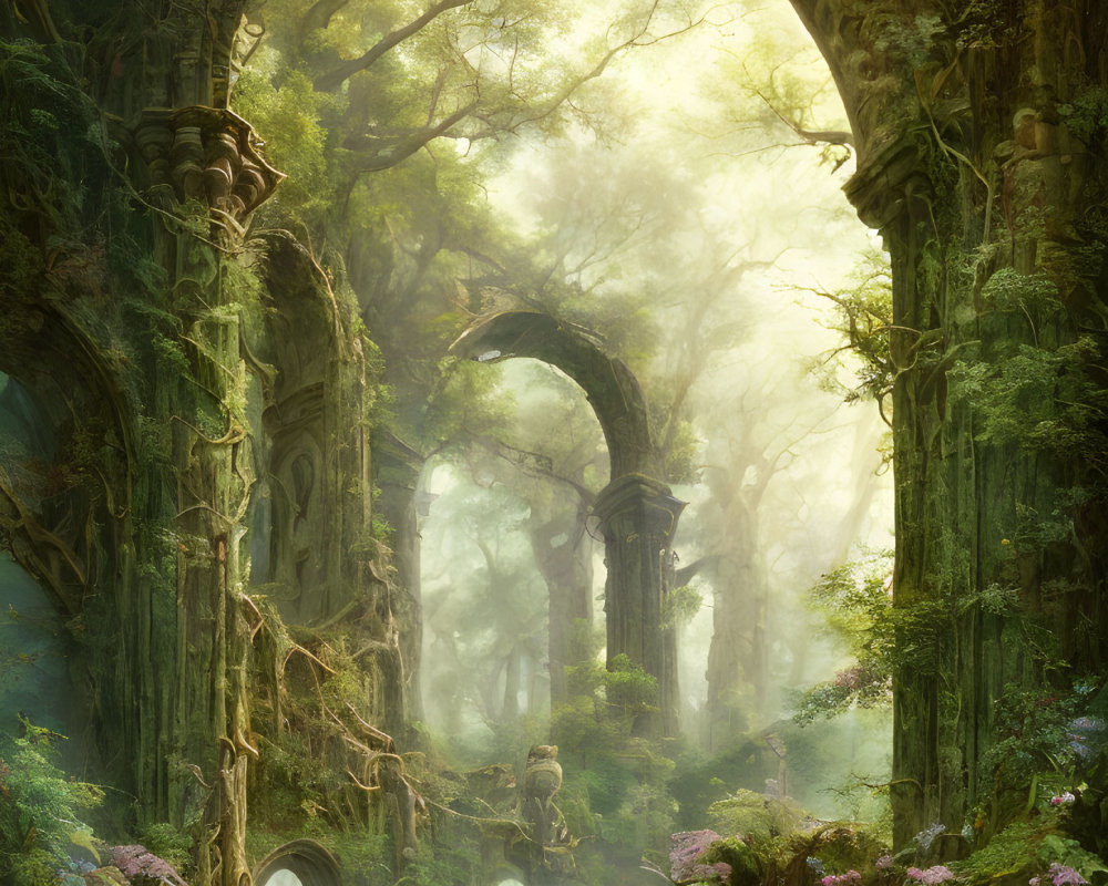 Ethereal forest scene with ancient ruins, vines, moss, soft light, figure, horse,