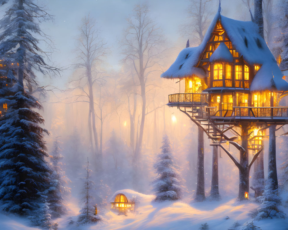 Snow-covered forest treehouse with warm glowing lights at dusk