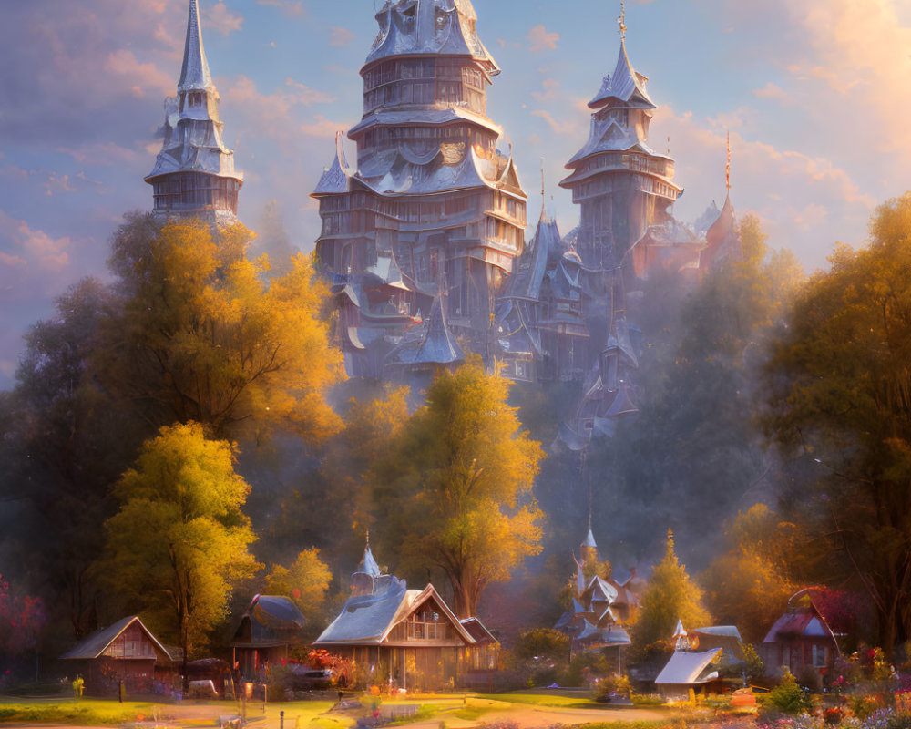 Whimsical fantasy castle with towering spires in serene village