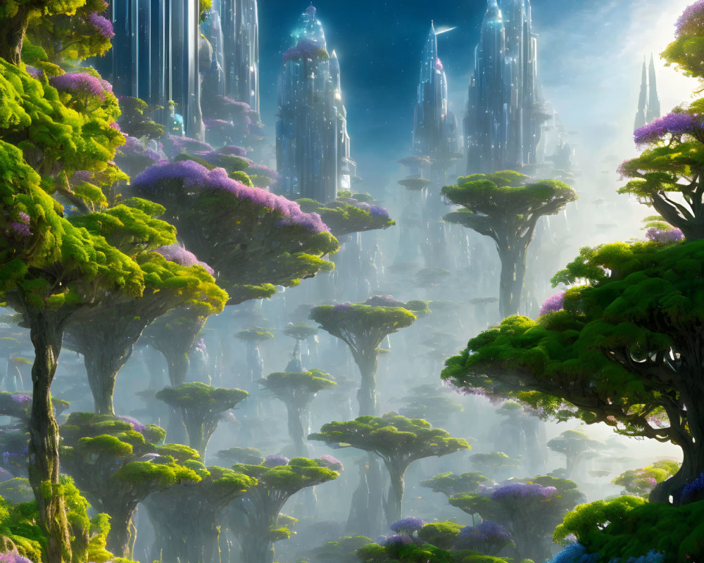 Vibrant alien forest with teal crystal spires and violet flora