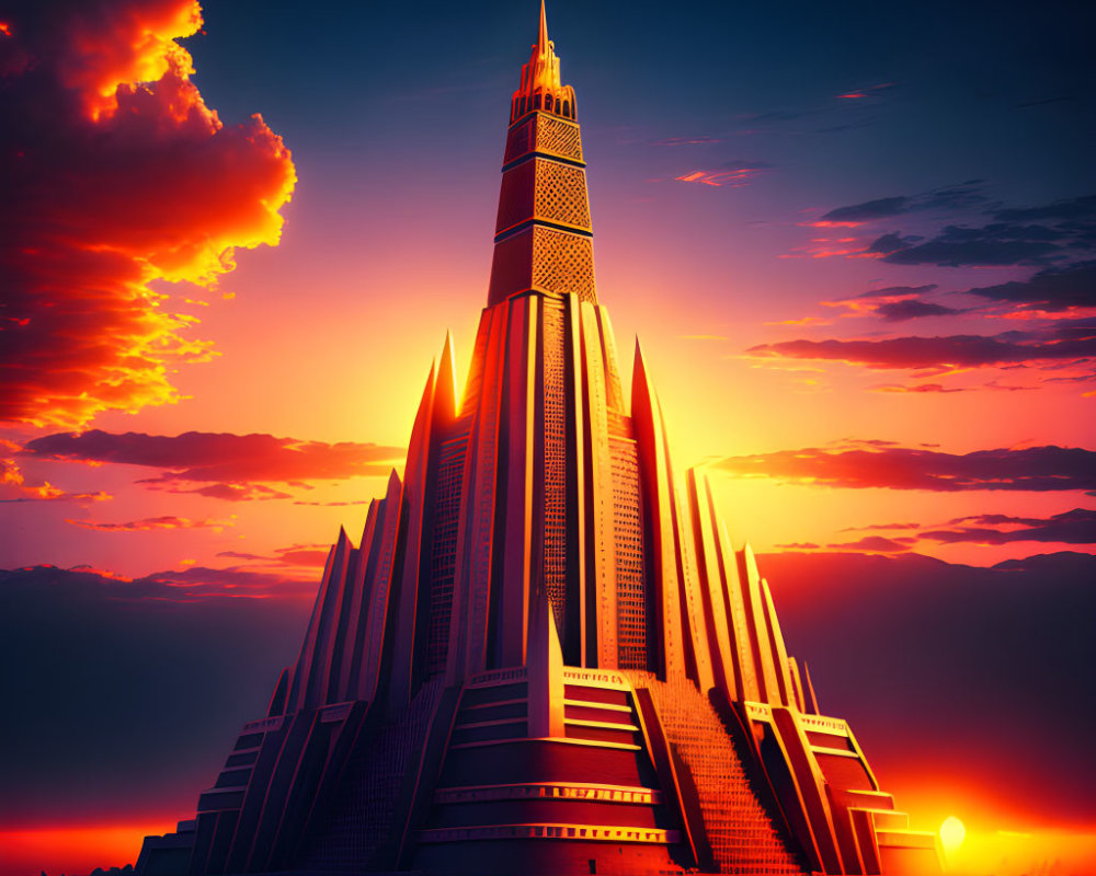Futuristic skyscraper against vibrant sunset hues