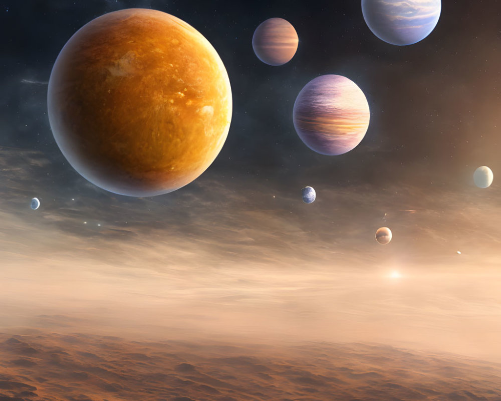 Planetary System Digital Art with Orange Planet