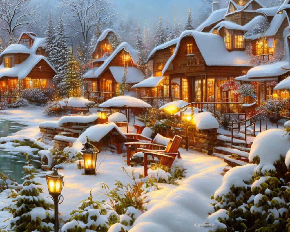 Winter village scene with glowing houses and street lamps by icy river at dusk