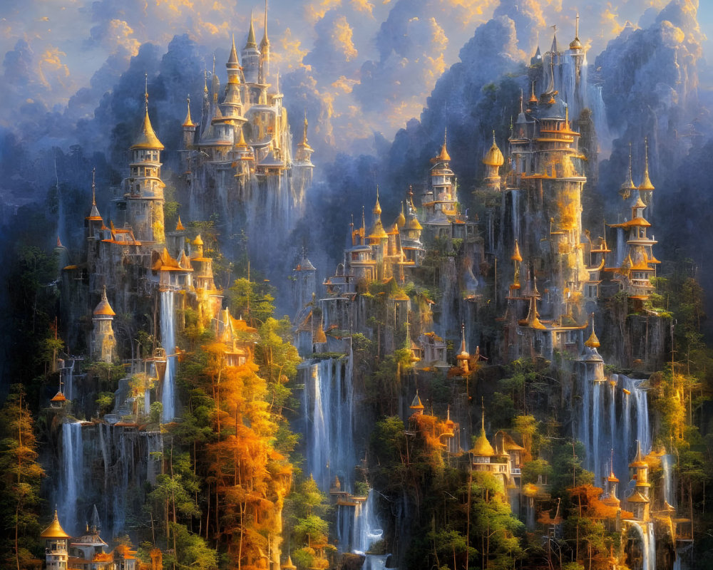 Majestic golden-lit castles in a fantastical landscape