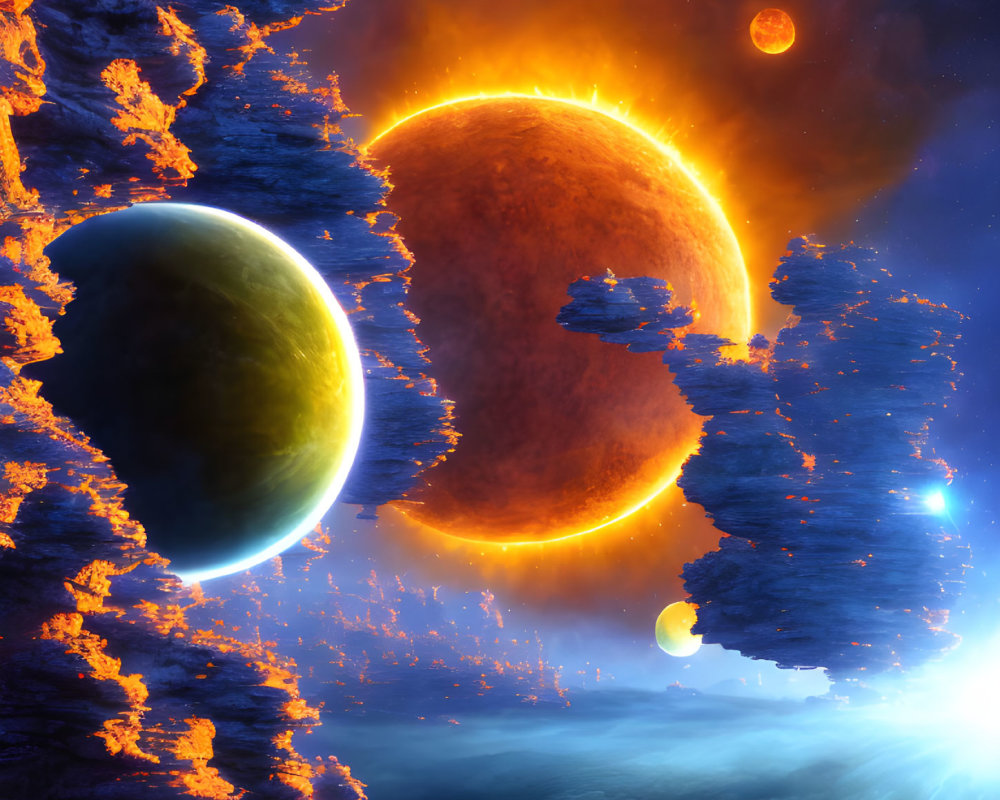 Colorful cosmic scene with glowing sun, planets, and rocky formations against nebula-filled backdrop