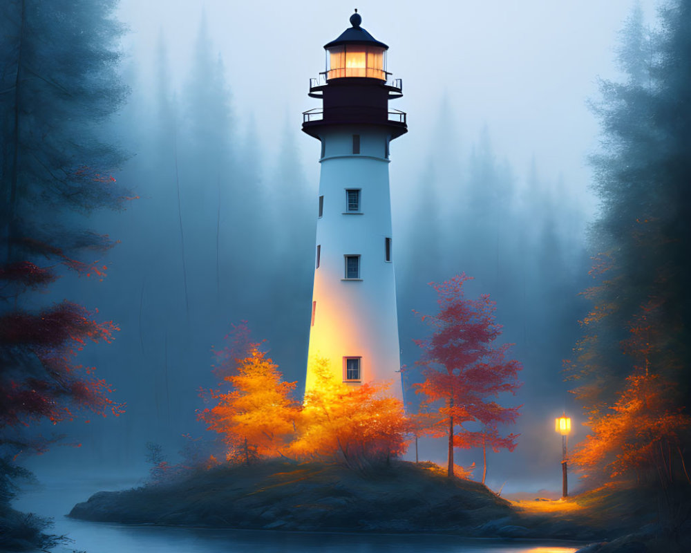 Tall lighthouse on islet at twilight with mist and autumnal trees