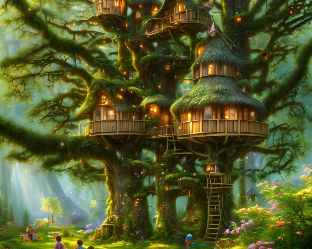 Enchanted forest treehouse with multiple levels and sunlit foliage
